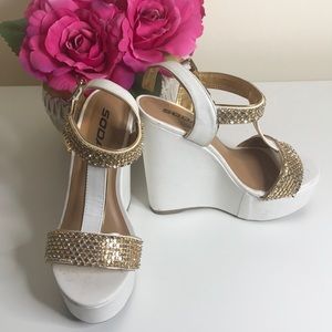 Gold embellished ankle strap wedges